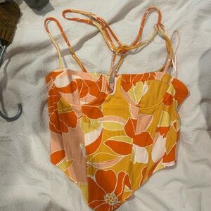 Floral Print Spaghetti Strap Bustier Top in Orange & Yellow
